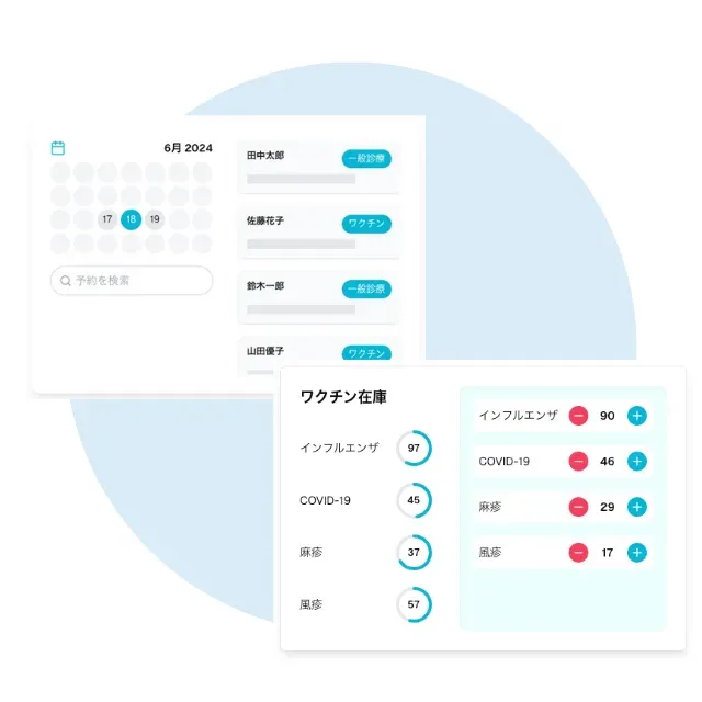 診療予約、患者情報、在庫を一元管理し、業務フローを効率化。電話対応も削減。