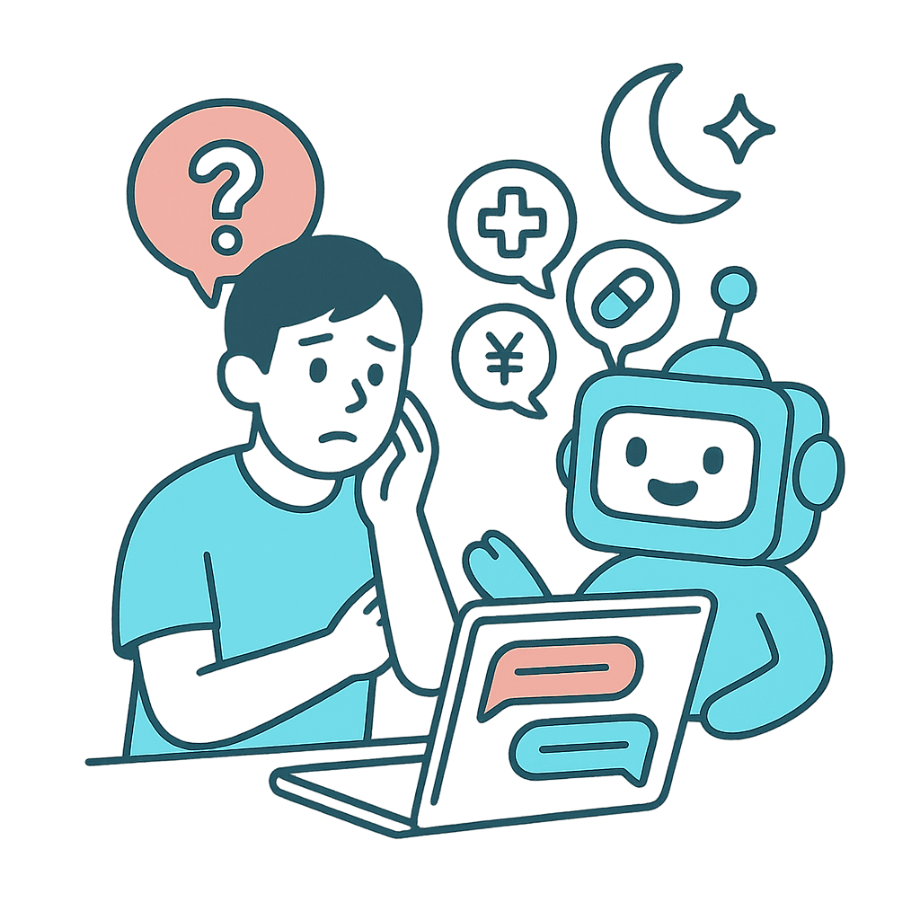 夜間や休診日にAIチャットが患者さまの不安に対応するイメージ